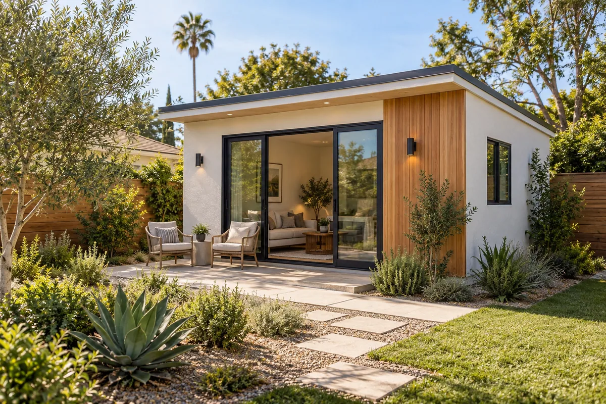 Concept of a detached backyard ADU with white stucco, cedar siding and a small garden patio