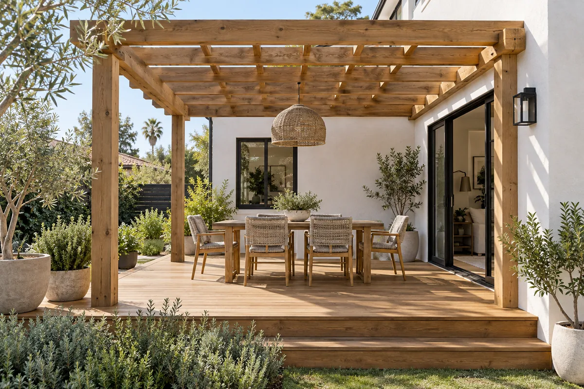 Concept of a finished wood deck with a timber pergola and an outdoor dining area