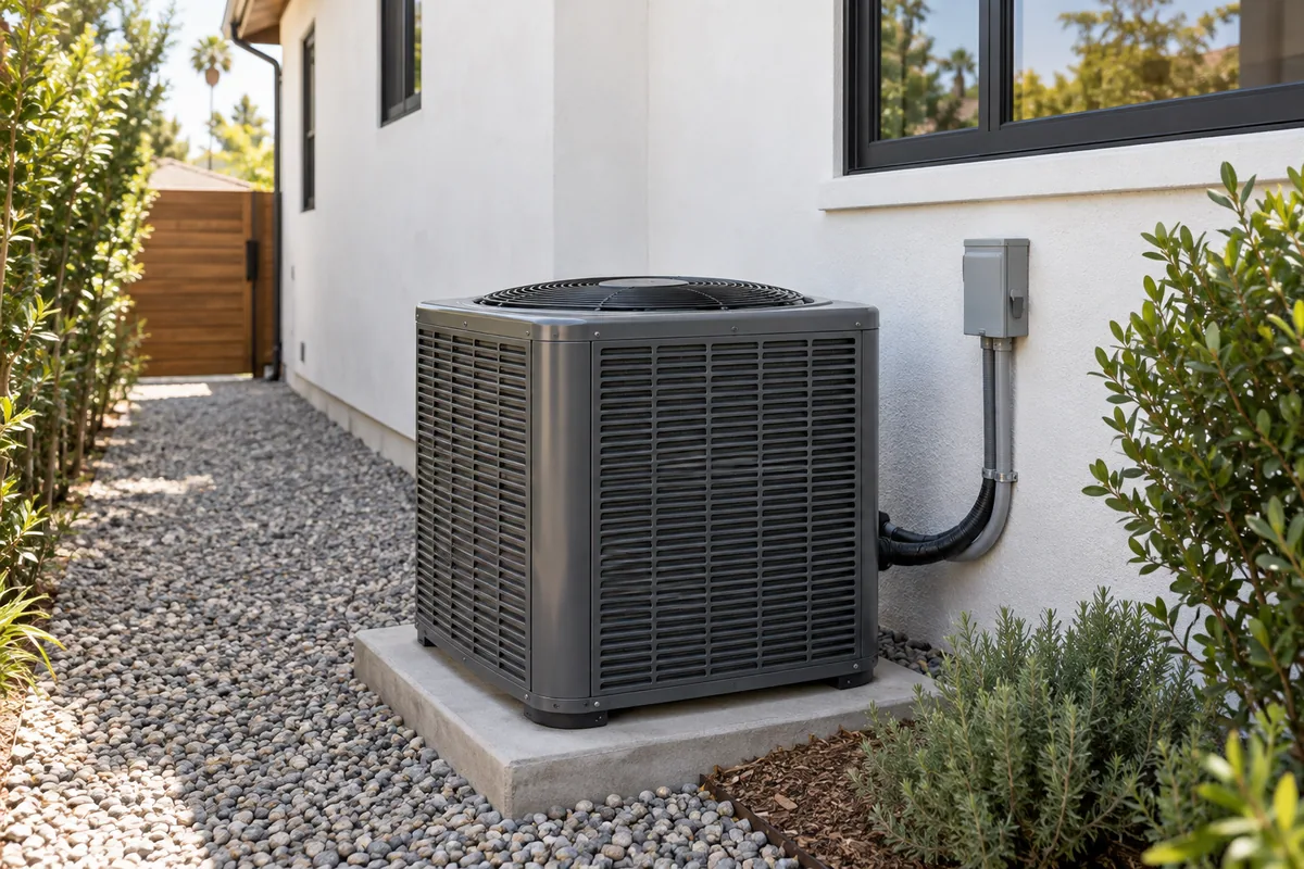 Concept of an outdoor air-conditioning unit on a concrete pad beside a home
