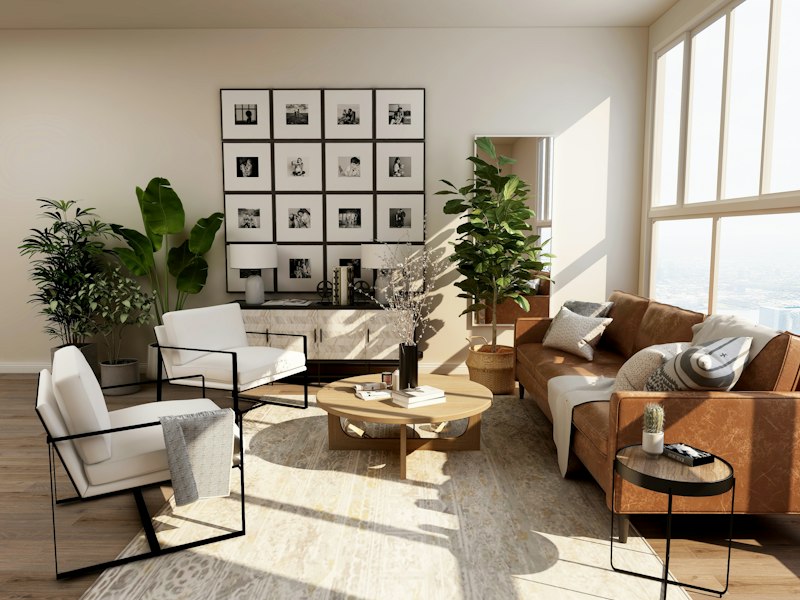 A bright furnished living space with plants and natural light